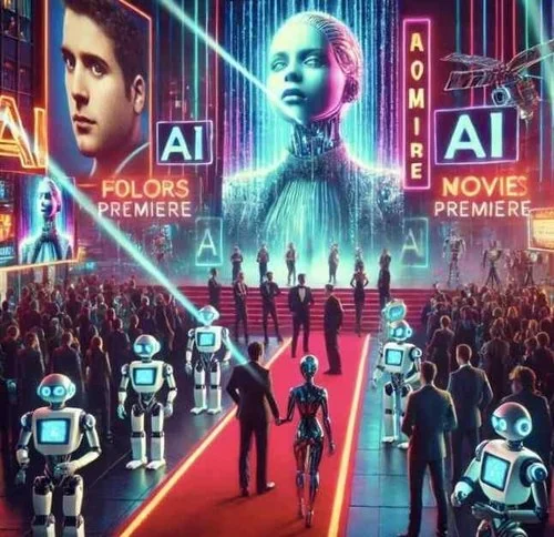 AI-generated illustration of a film premiere with robots on a red carpet and neon signs reading AI