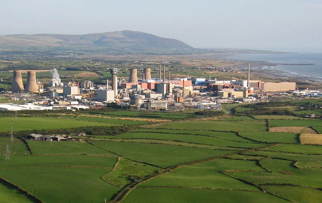 The Sellafield site on the Cumbrian coast, seen from above across green fields