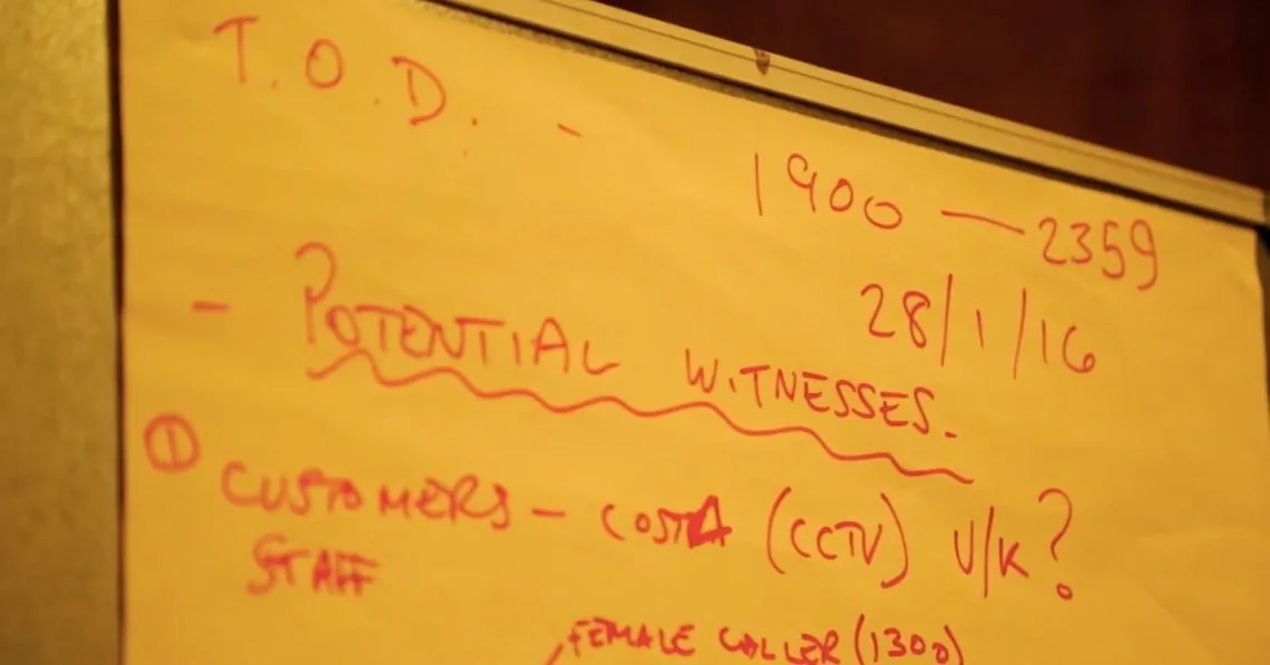 A handwritten flip chart listing the time of death and potential witnesses