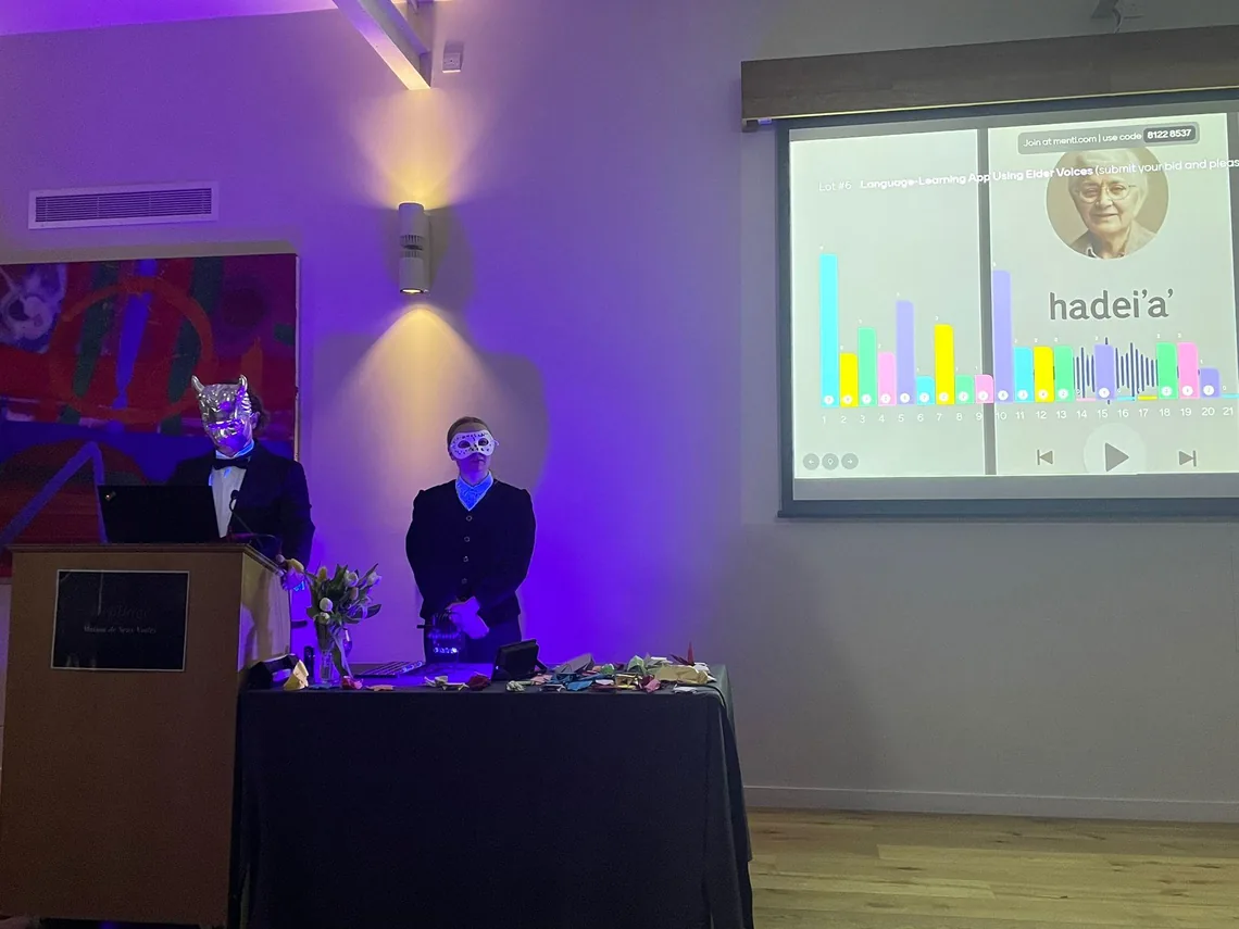 Two masked figures at the front under purple light, a screen showing an app with a portrait and a bar chart