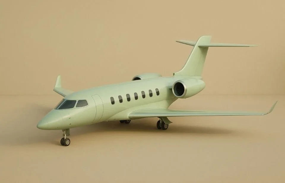 Rendering: a pale green private jet