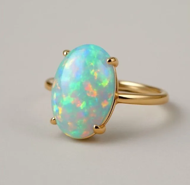 Rendering: a gold ring set with a large opal