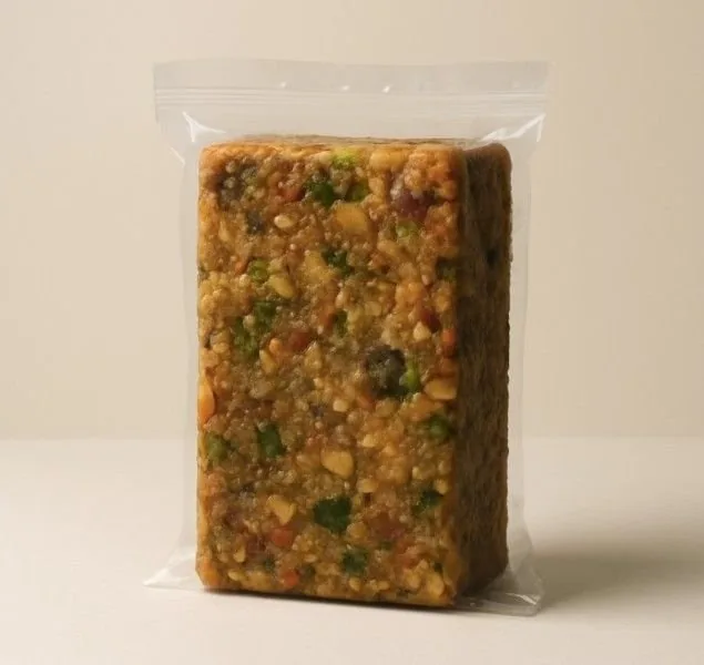 Rendering: a vacuum-sealed bar of grains, nuts and dried fruit