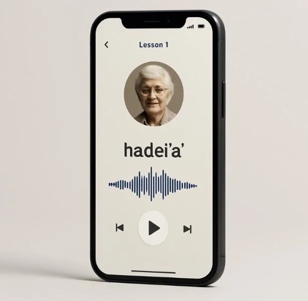 Rendering: a smartphone showing a language lesson app with a portrait of an older woman and an audio waveform