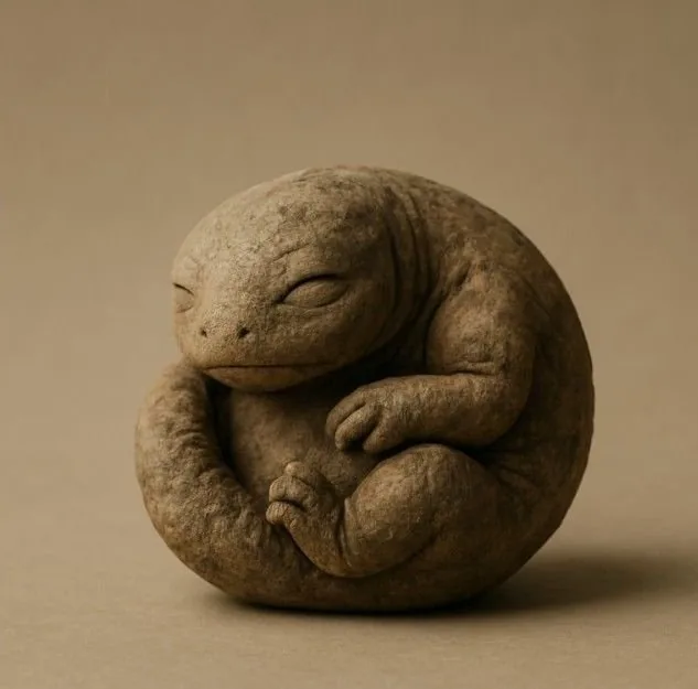 Rendering: a stone carving of a curled-up creature