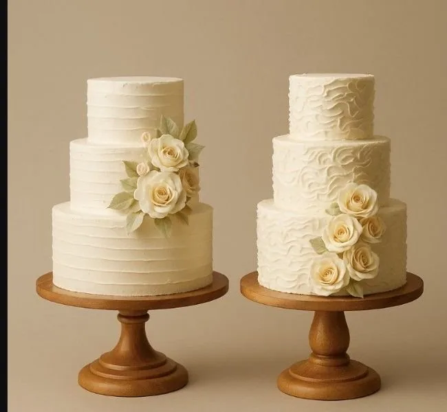 Rendering: two three-tier white wedding cakes decorated with cream roses