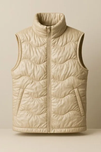 Rendering: a quilted beige sleeveless gilet