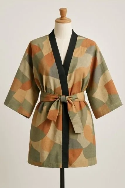 Rendering: a patterned belted wrap jacket on a dress form