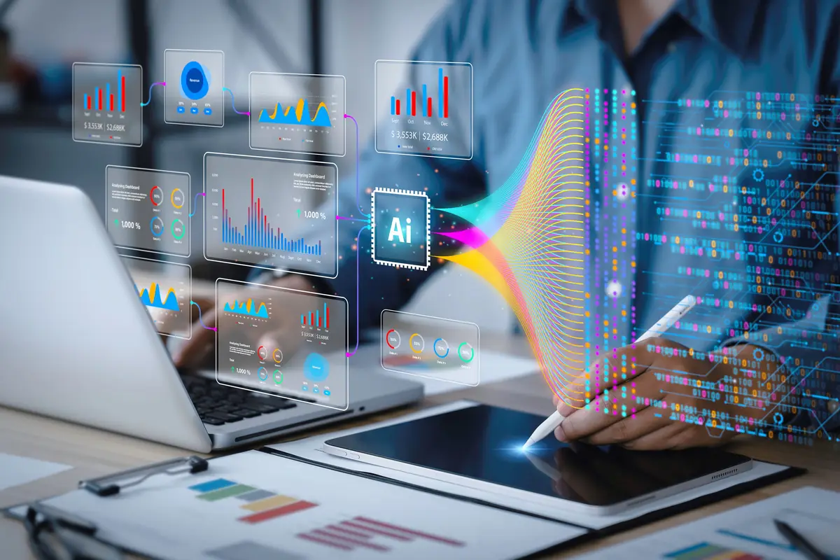 A laptop with AI data visualisations