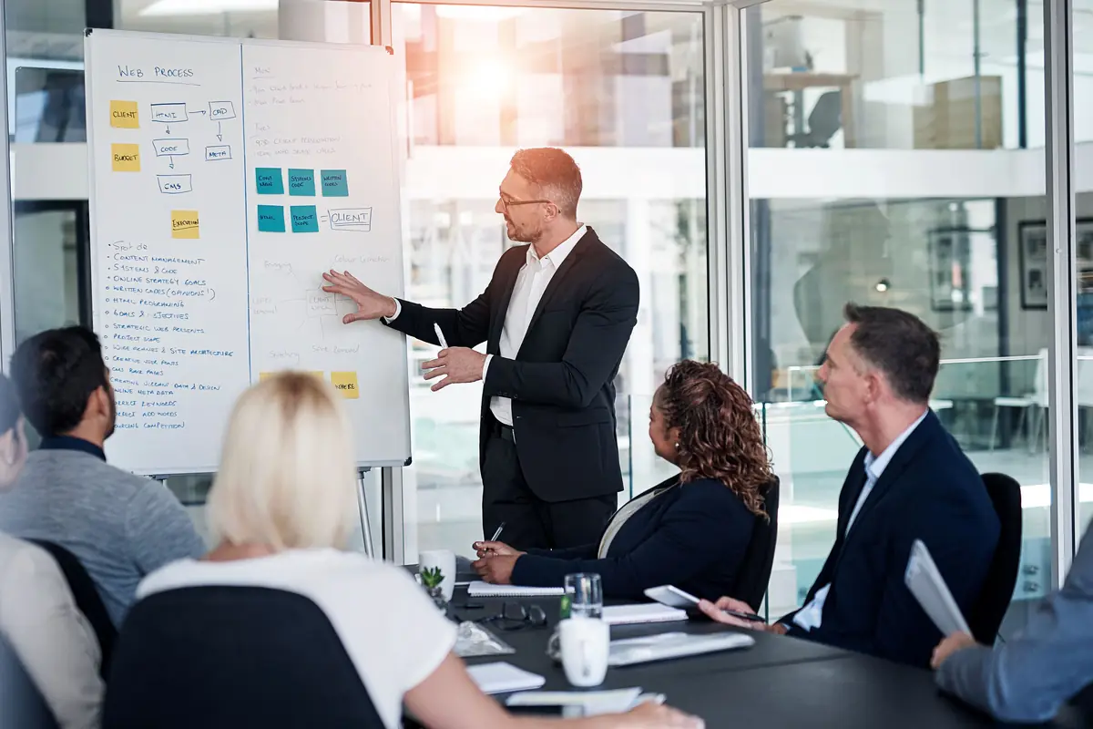 A leader explaining a plan at a whiteboard