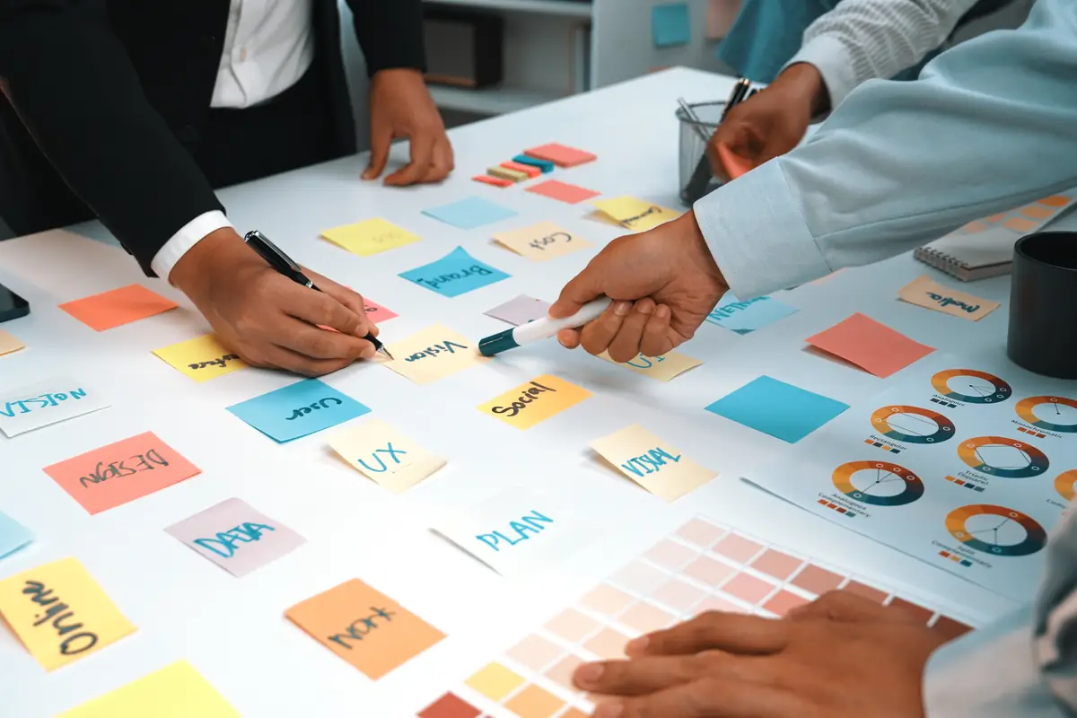 Hands arranging sticky notes during a planning workshop